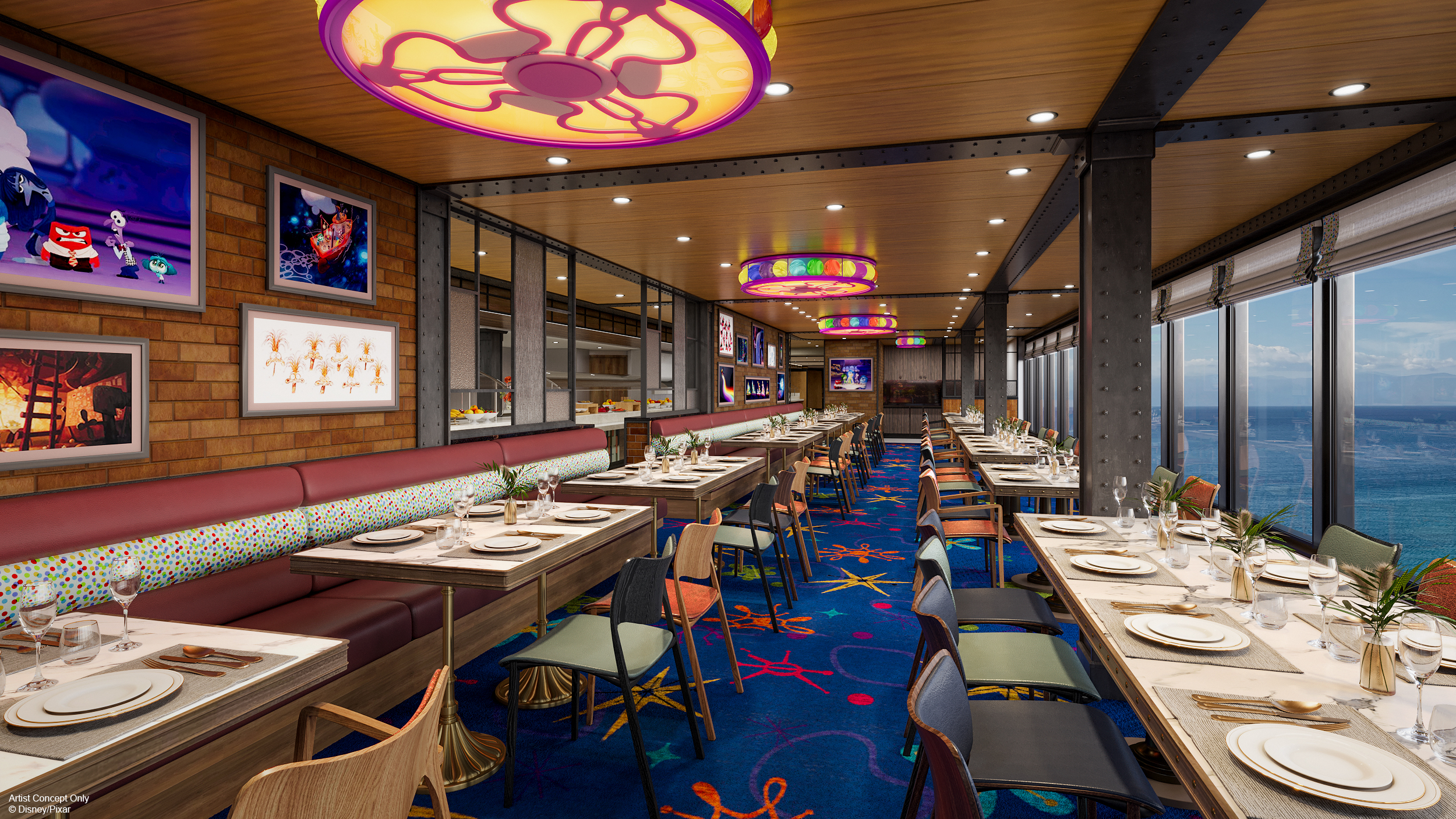 The Animator's Palate restaurant aboard a Disney cruise ship with interactive screens along the walls