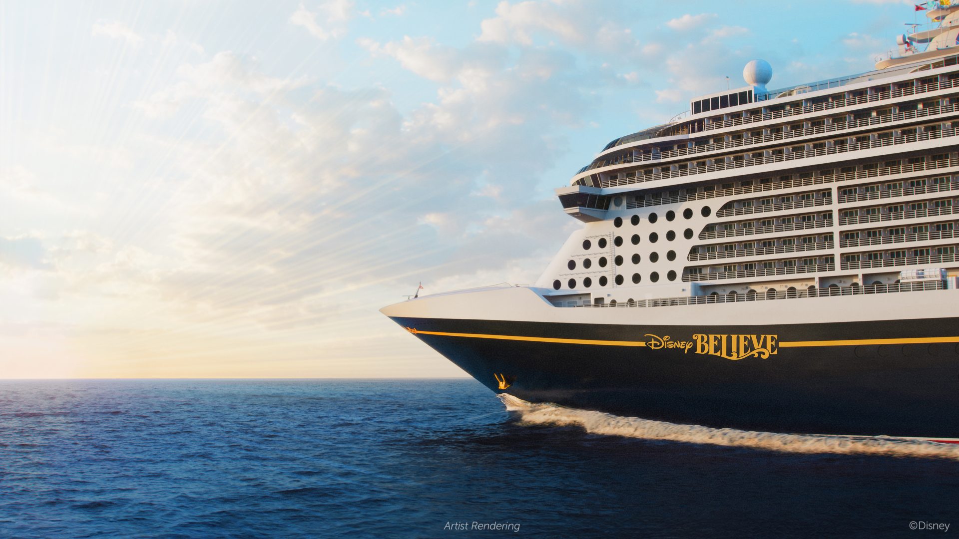 Concept rendering of the Disney Believe cruise ship at sea