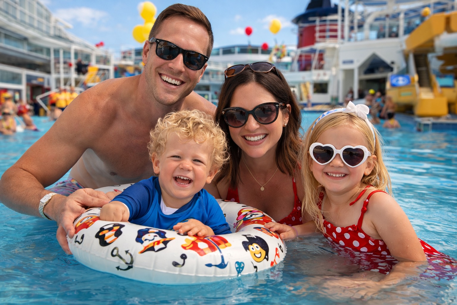 Family in the Disney cruise ship pool — Rory with his Mickey float ring, Gracie in heart sunglasses, both kids laughing