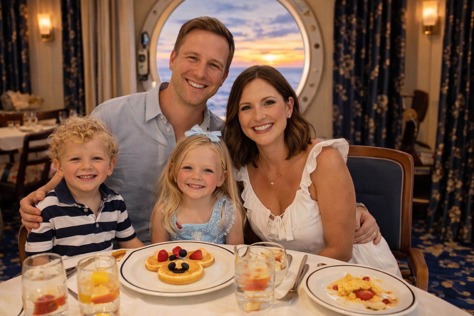 Family at rotational dining on a Disney cruise — Mickey waffle on the table, sunset through the porthole window