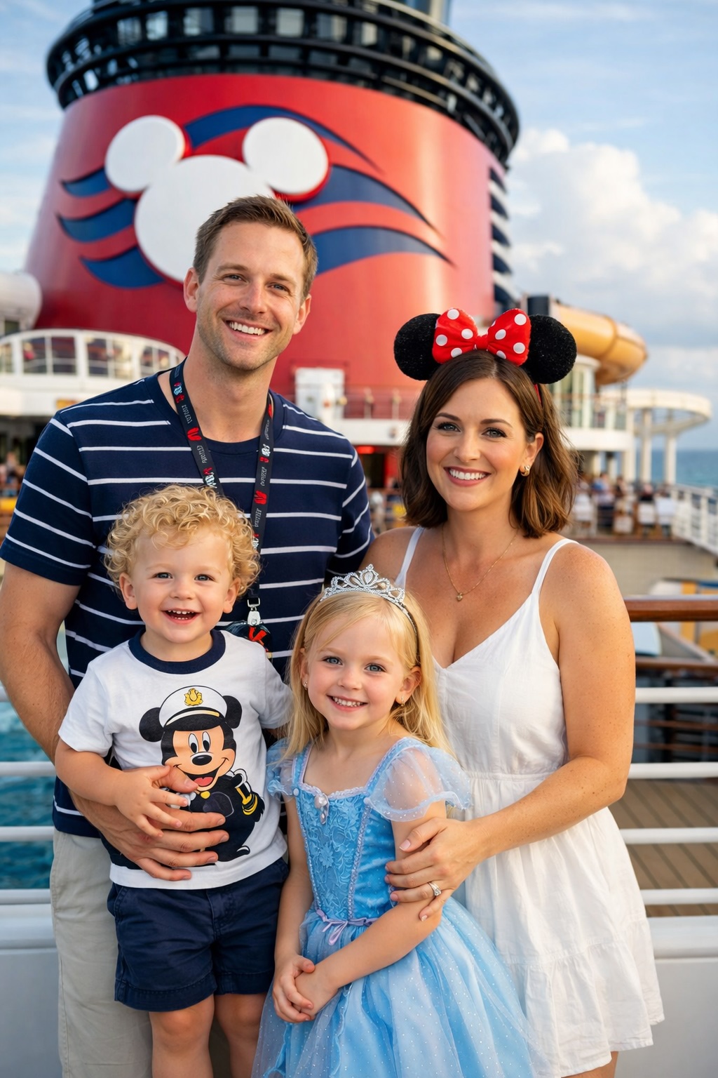 Payton's family on the deck of a Disney cruise ship — Gracie in her Cinderella dress, Rory in his Mickey captain shirt, all four smiling in front of the iconic red funnel